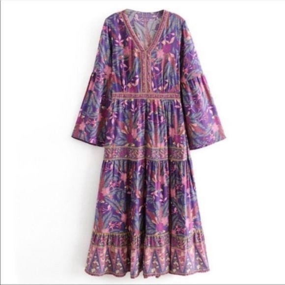 029 Boho purple Floral Print wisteria gypsy Maxi Dress - Picture 10 of 16